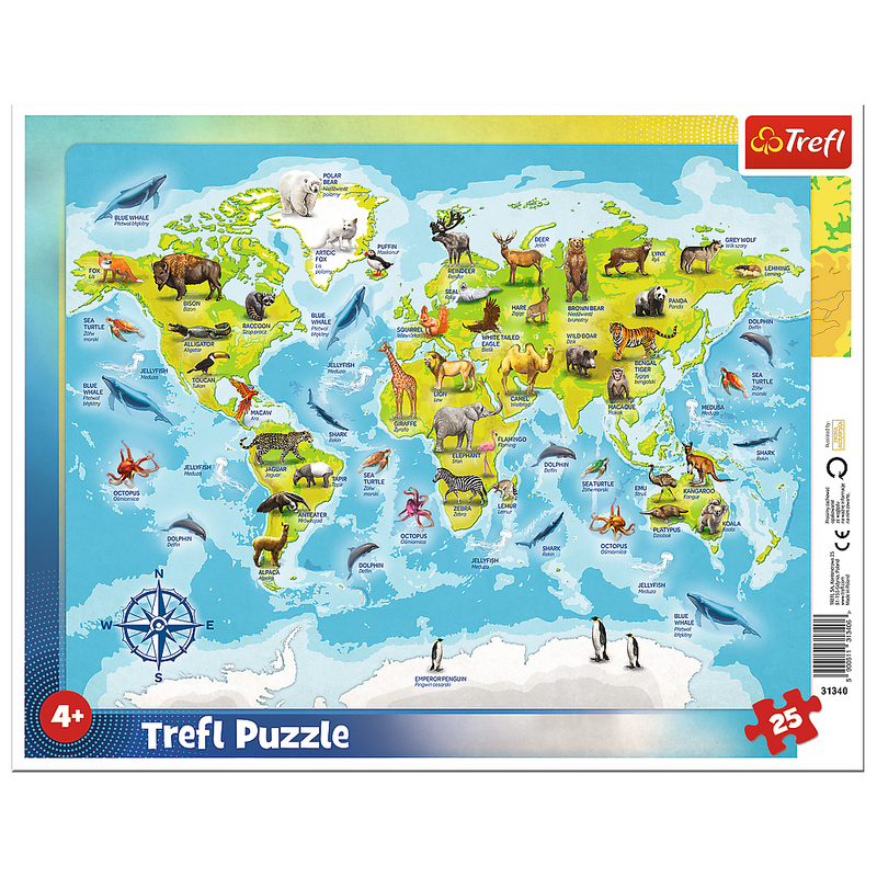 Puzzles 25 Frame World map with animals 31340